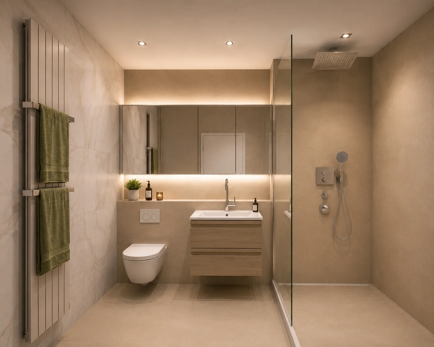 Bad Rendering mit großer Dusche, Spiegel und warmem Licht